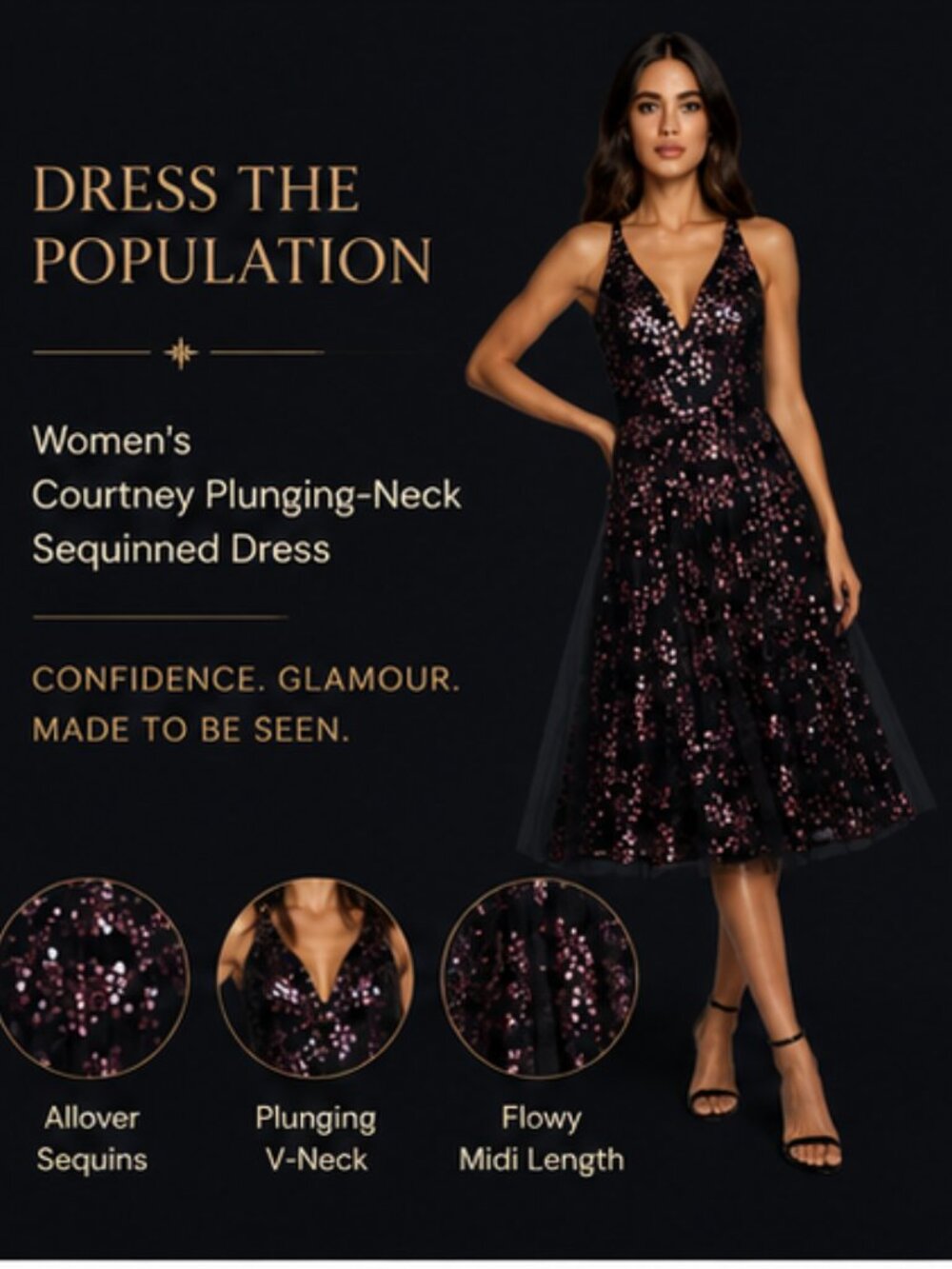 Dress the Population Courtney Fit & Flare Midi Dress Fuchsia Black Mix M NWT